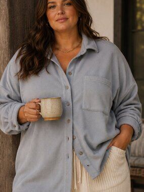 Madewell 3X MWL Fleece Light Blue Athleisure Relaxed Soft Button Shirt Jacket